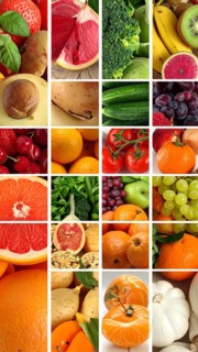 Food collage of various biological and organic fruits and vegetables, fresh healthy lifestyle, with