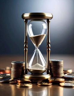 Hourglass and stacked golden coins, illustrating currency fluctuation and time impact commodities