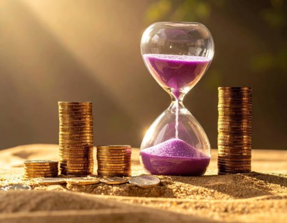 Hourglass and stacked golden coins, illustrating currency fluctuation and time impact commodities