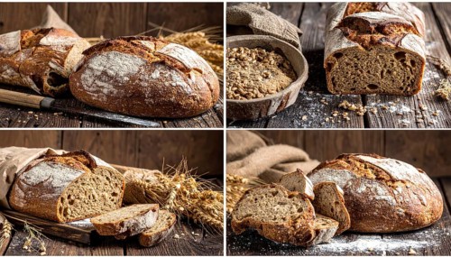 Collage of rustic loaf of whole grain bread, bread on dark rustic wooden table, great variety of