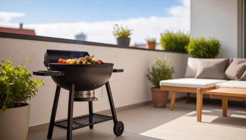 Cooking vegetables on grill on the balcony, healthy lifestyle, vegetarian barbeque, leisure time in