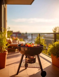 Cooking vegetables on grill on the balcony, healthy lifestyle, vegetarian barbeque, leisure time in