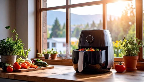 Air fryer with grilled vegetables, wooden table in the kitchen, healthy eating, healthy vegetarian