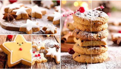 Collage of Christmas cookies and sweets, variation of sweet desserts, lots of unhealthy calories,