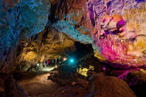 Coloured lighting, fog cave, stalactite cave in the Swabian Jura, stalactites, stalactite forest,
