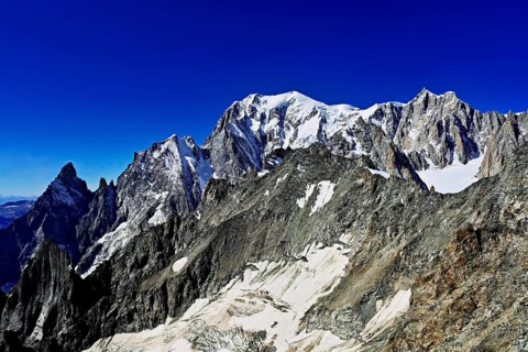 From left, the mountains l'Aiguille Noire de Peuterey, L'Aiguille Blanche de Peuterey, Mont Blanc,