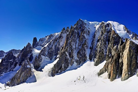 View from the Télécabine Panorama Railway of the Mont Blanc du Tacul mountain, in the foreground