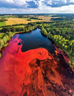 Red algae plant on the lake. abstract ecology nature concept, wild landscape with vibrant red