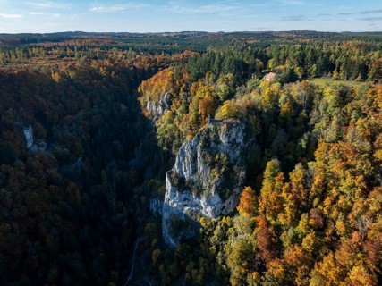 Aerial view of the viewpoint, shovels and Hausen Castle, also known as the Hausen ruins, surrounded