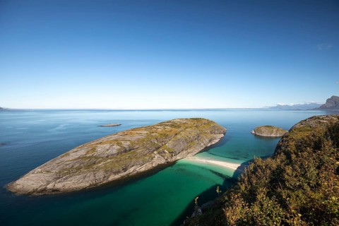 Sunny day and turquoise blue sea at Hovdsundet near Bodø, Nordland, Norway