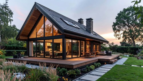 Modern Extension on a Traditional Cottage with Glass and Wood Architecture, green garden with