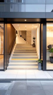 Modern building entrance with stairs, glass facade, and plants in warm evening light, empty