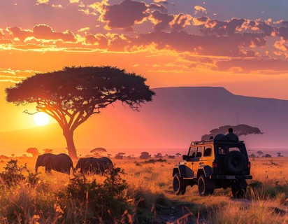 African savannah sunrise with a jeep safari and elephants, AI generated
