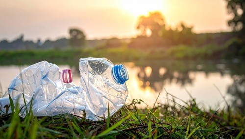 Crushed plastic water bottle waste in a wild landscape, symbol for nature protection, waste