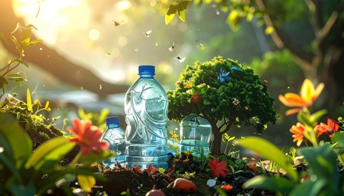 Crushed plastic water bottle waste in a wild landscape, symbol for nature protection, waste