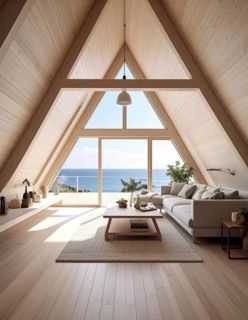 Peaceful A-frame cabin interior with ocean views, real estate lifestyle and travel destination,