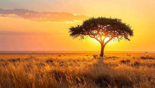 Single acacia tree in the savannah at sunset, solitude in the wild, dry grass in the foreground,