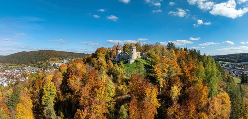 Aerial view, panorama of the ruins of Honburg Castle on the Honberg above the town of Tuttlingen,