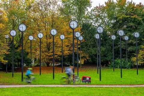 The art installation Zeitfeld in Volksgarten Park in Düsseldorf-Oberbilk, a total of 24 station