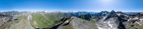 360° alpine panorama, aerial view with summit of Grossvenediger, Venediger Group and Lasörling