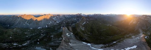 Sunrise 360° Alpine panorama, aerial view of Bachlenkenkopf, summit of the Großvenediger, Venediger
