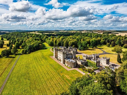 Floors Castle and garden from a drone, Duke of Roxburghe, Roxburghshire, Scotland, UK