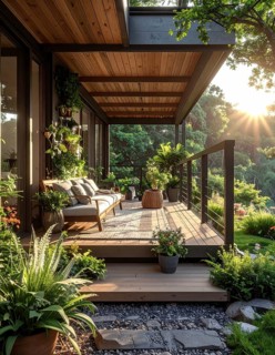 An eco-friendly porch designed for sustainable living in an environmentally-conscious home, lush