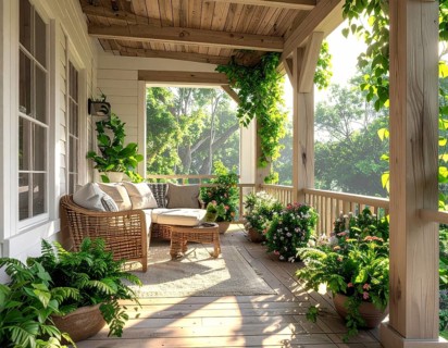 An eco-friendly porch designed for sustainable living in an environmentally-conscious home, lush
