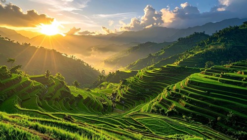 Early morning light bathes Philippines rice terraces cascading down mountain slopes, beautiful