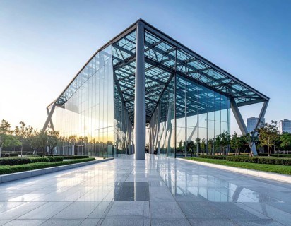 Modern architectural framework with glass and steel structure, glass facade with a greed of steel