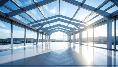 Modern architectural framework with glass and steel structure, glass facade with a greed of steel