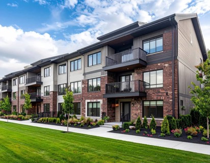 Modern apartment building with balconies and well-kept landscaping at sunset, Modern multifamily