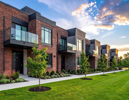 Modern apartment building with balconies and well-kept landscaping at sunset, Modern multifamily