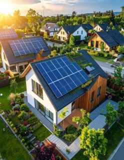 Aerial view showcases modern houses with solar panels and green roofs in a suburban setting,