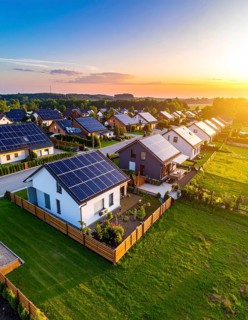Aerial view showcases modern houses with solar panels and green roofs in a suburban setting,