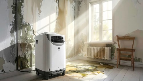 A specialized dehumidifier operates in a mold-infested room following water damage, Shell