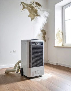 A specialized dehumidifier operates in a mold-infested room following water damage, Shell