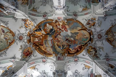 St. George and James Catholic Church, interior view, ceiling frescoes, Isny, Allgäu,