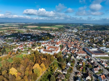 Aerial view of the city of Messkirch with Messkirch Castle and Castle of the Counts of Zimmern,