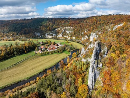 Aerial view of Käppeler Manor with St. George's Basilica near Thiergarten in the Upper Danube