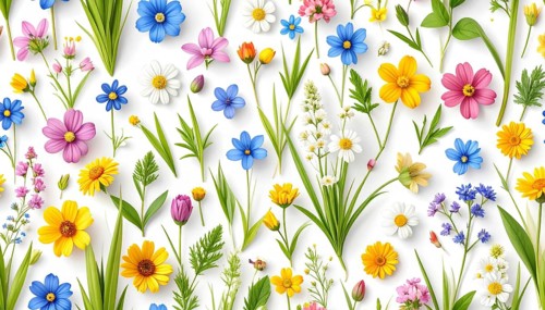 Vibrant wildflowers and grass create a colorful and joyful floral pattern, Variety of wild flowers,