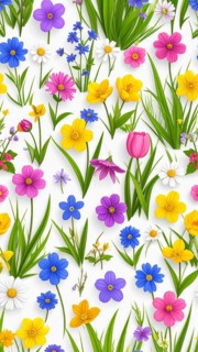 Vibrant wildflowers and grass create a colorful and joyful floral pattern, Variety of wild flowers,