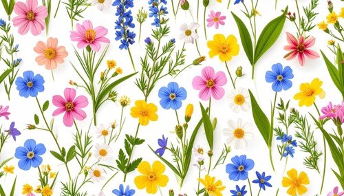 Vibrant wildflowers and grass create a colorful and joyful floral pattern, Variety of wild flowers,