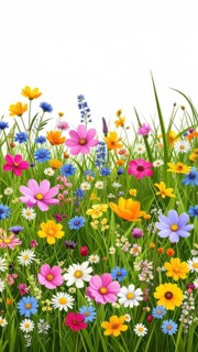 Vibrant wildflowers and grass create a colorful and joyful floral pattern, Variety of wild flowers,