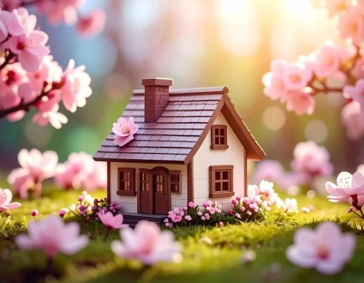 A miniature house surrounded by blooming cherry blossoms and warm sunlight, creating a peaceful and