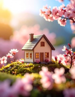 A miniature house surrounded by blooming cherry blossoms and warm sunlight, creating a peaceful and