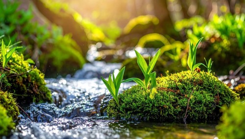 Beautiful spring detailed stream of fresh water, vibrant blooming young green plants, wallpaper