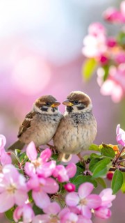 Small funny Sparrow Chicks sit in the garden surrounded by pink Apple blossoms on a Sunny may day,