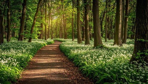 A tranquil forest path lined with white flowers, surrounded by tall trees and bathed in soft