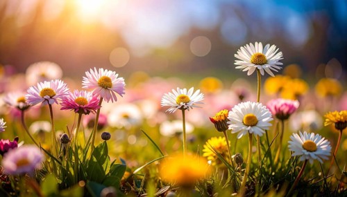 A sunny meadow with daisies in full bloom under bright sunlight, creating a vibrant and cheerful